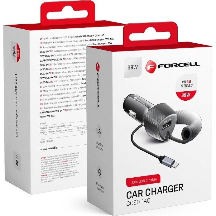 FORCELL F-ENERGY CC50-1AC USB-A autós töltő USB-C kábellel, PD QC3.0, 3A, 38W, carbon fekete