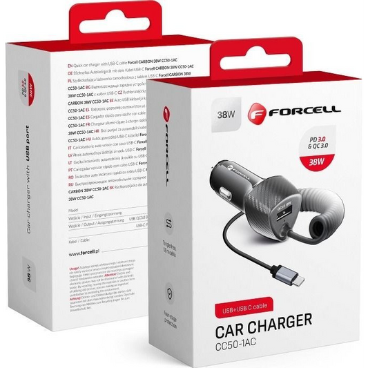 FORCELL F-ENERGY CC50-1AC USB-A autós töltő USB-C kábellel, PD QC3.0, 3A, 38W, carbon fekete